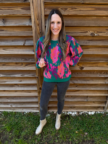 Emerald Green & Pink Cheerful Cozy Sweater