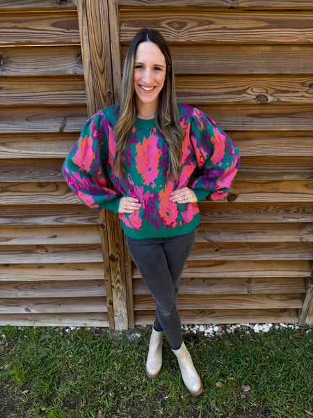 Emerald Green & Pink Cheerful Cozy Sweater