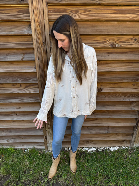 Lainey Lace & Bow Button Down Shacket Top