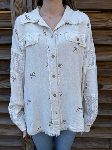 Lainey Lace & Bow Button Down Shacket Top