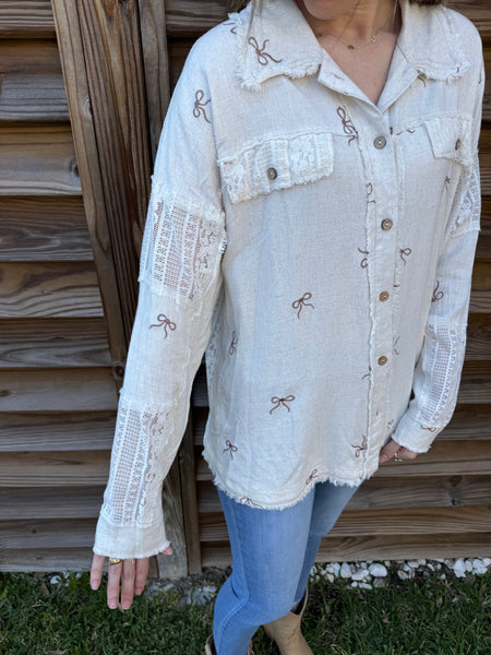 Lainey Lace & Bow Button Down Shacket Top