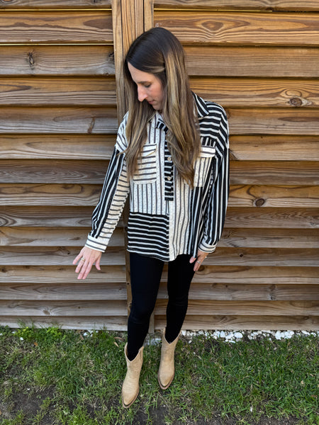 Kasey Black & White Striped Collared Top