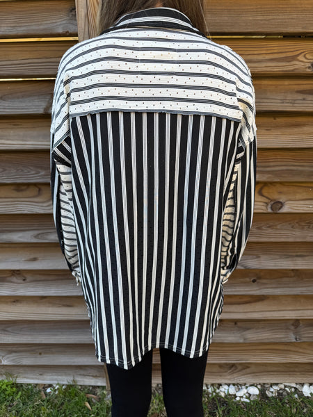 Kasey Black & White Striped Collared Top