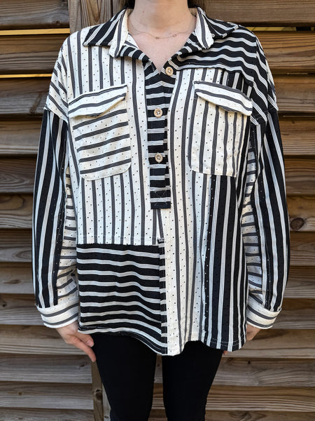 Kasey Black & White Striped Collared Top