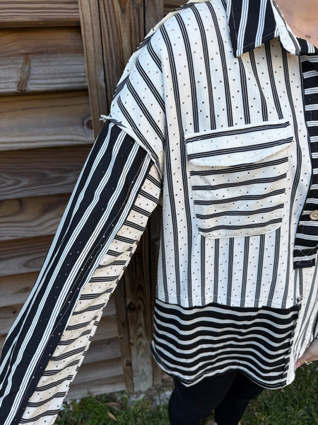 Kasey Black & White Striped Collared Top