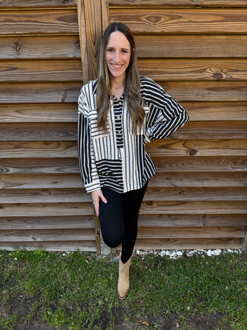 Kasey Black & White Striped Collared Top