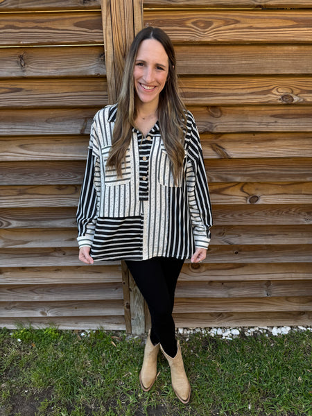 Kasey Black & White Striped Collared Top