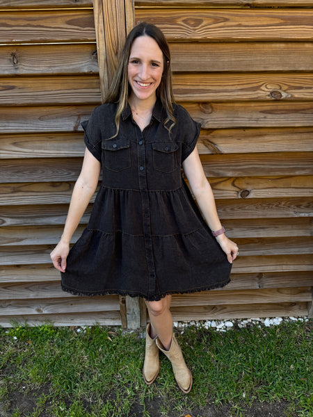 The Shania Button Down Denim Dress - Black