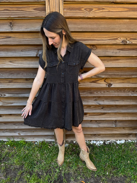 The Shania Button Down Denim Dress - Black