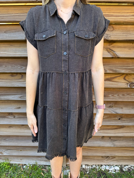 The Shania Button Down Denim Dress - Black