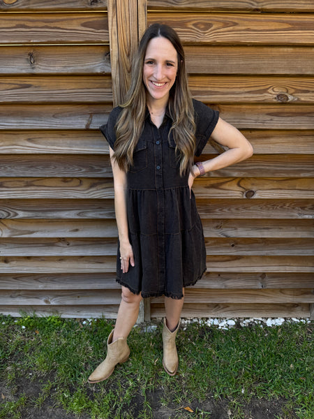 The Shania Button Down Denim Dress - Black