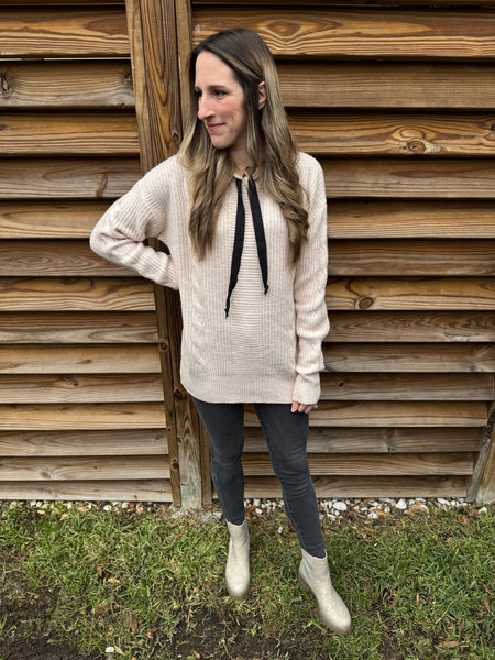 Oatmeal Cable Knit Hoodie Sweater Top