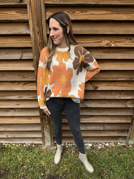 Orange & Oatmeal Flower Power Knit Sweater