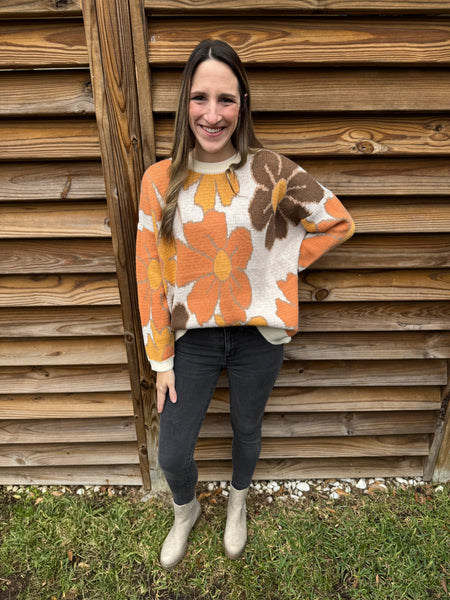 Orange & Oatmeal Flower Power Knit Sweater