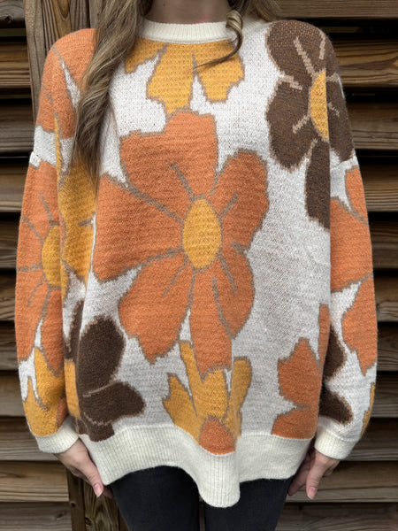 Orange & Oatmeal Flower Power Knit Sweater