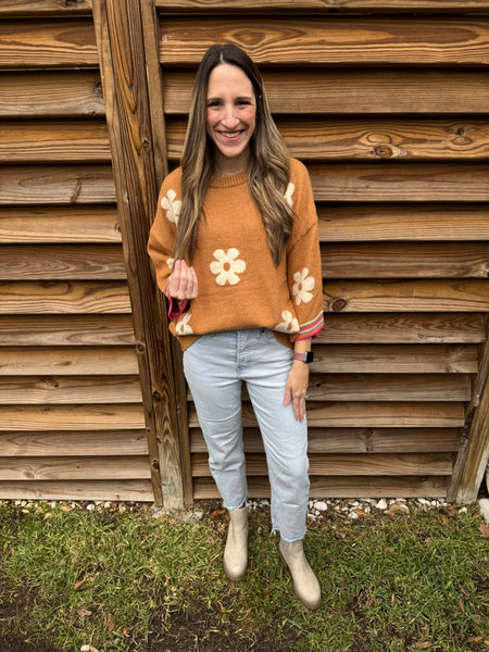 Camel & White Flower Child Sweater Top