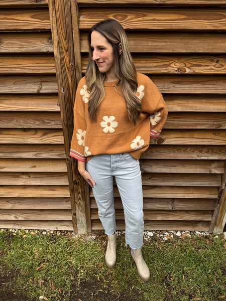 Camel & White Flower Child Sweater Top