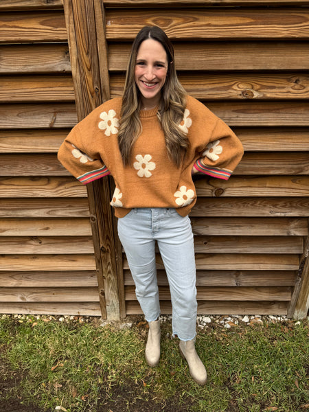 Camel & White Flower Child Sweater Top