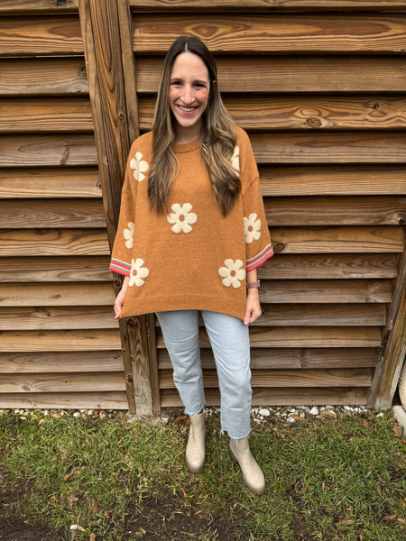 Camel & White Flower Child Sweater Top