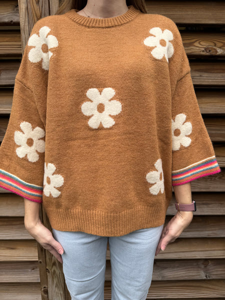 Camel & White Flower Child Sweater Top