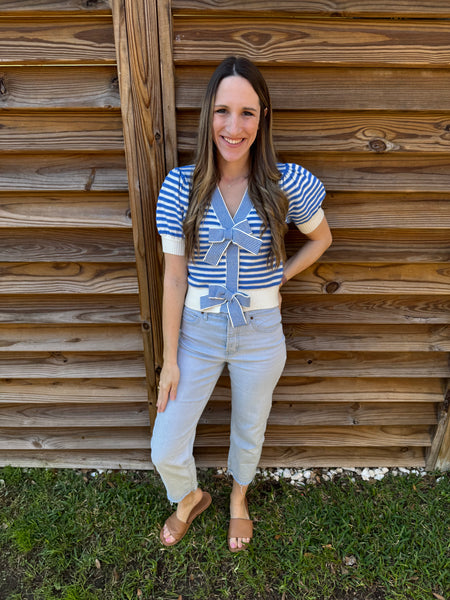 Blue & White Striped Bow Sweater