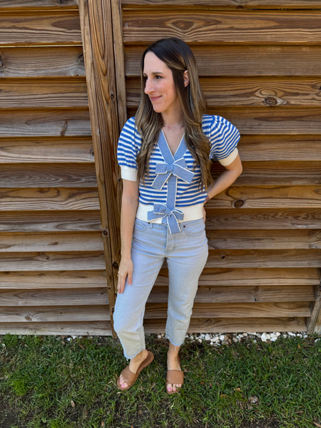 Blue & White Striped Bow Sweater