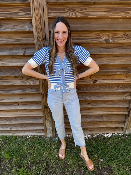 Blue & White Striped Bow Sweater