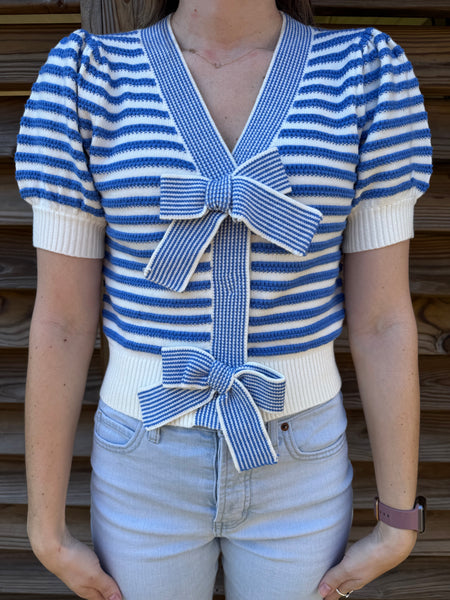 Blue & White Striped Bow Sweater