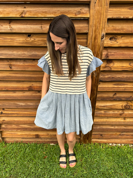 Blakely Black & White Striped Denim Dress