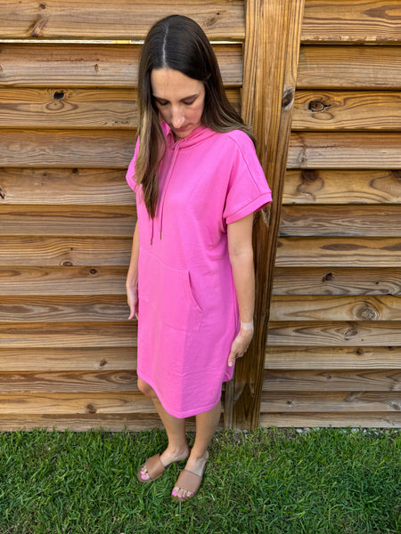 Paradise Pink French Terry Short Sleeve Hoodie Dress