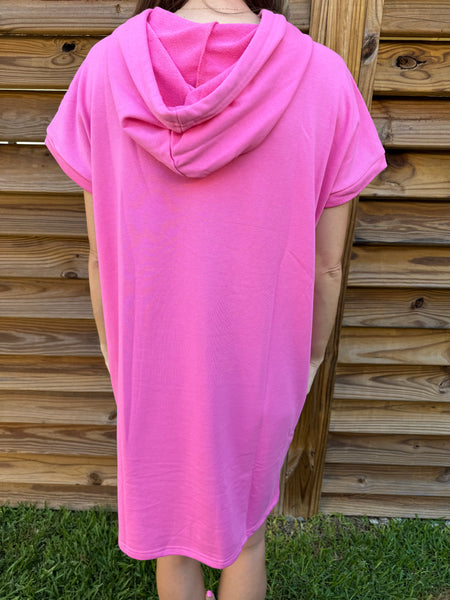 Paradise Pink French Terry Short Sleeve Hoodie Dress