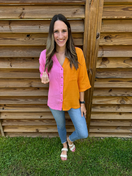 Bahama Button Down Pink & Orange Top