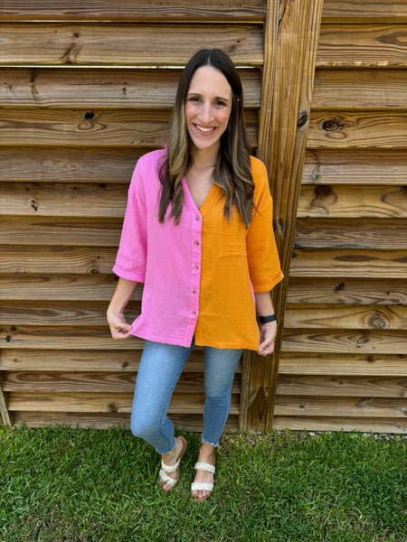 Bahama Button Down Pink & Orange Top