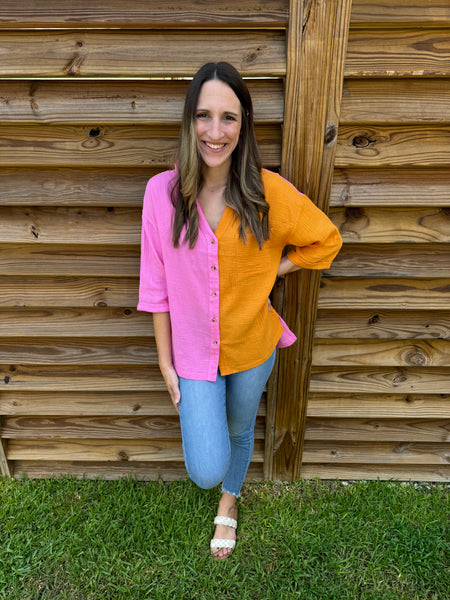 Bahama Button Down Pink & Orange Top