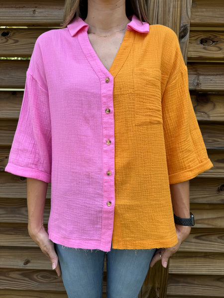 Bahama Button Down Pink & Orange Top