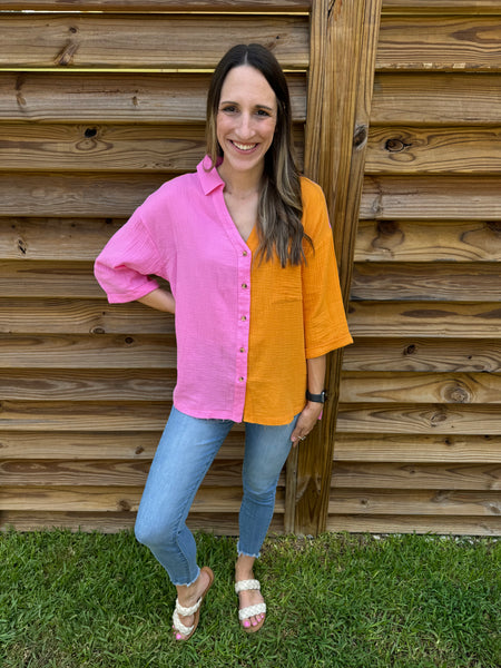 Bahama Button Down Pink & Orange Top