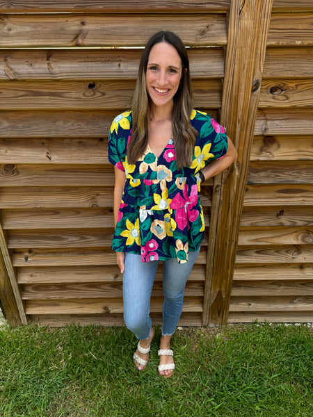 Navy & Yellow Floral Babydoll Tiered Blouse