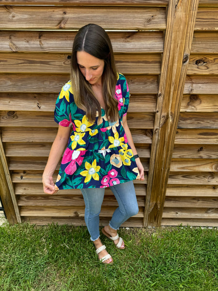 Navy & Yellow Floral Babydoll Tiered Blouse