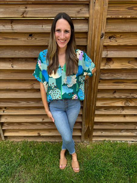 Leopard Teal Mix Dolman Short Sleeve Top