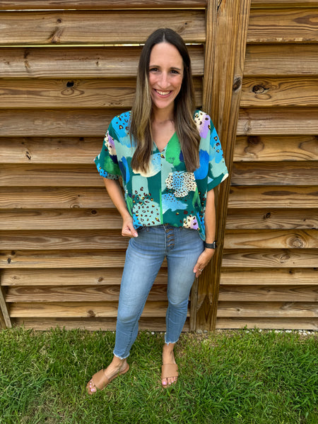 Leopard Teal Mix Dolman Short Sleeve Top