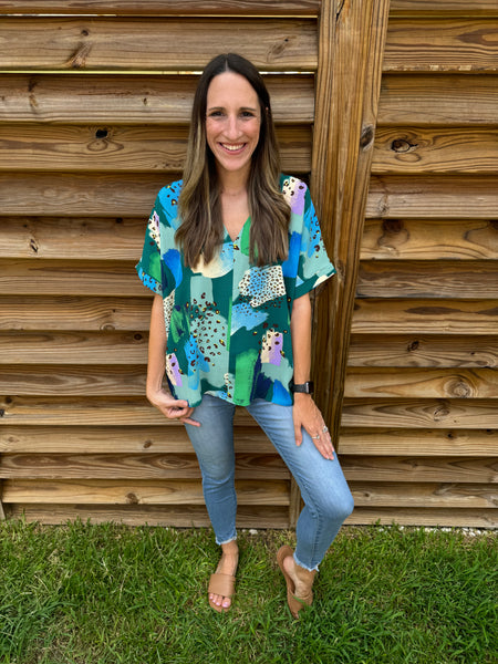 Leopard Teal Mix Dolman Short Sleeve Top