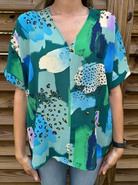 Leopard Teal Mix Dolman Short Sleeve Top