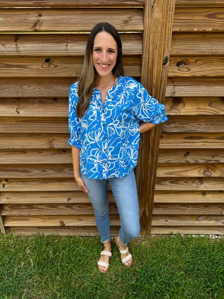 Blue & White Tropical Floral Button Up Blouse