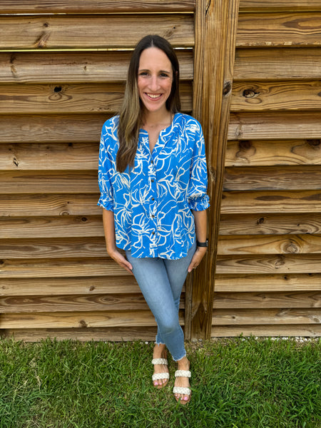 Blue & White Tropical Floral Button Up Blouse