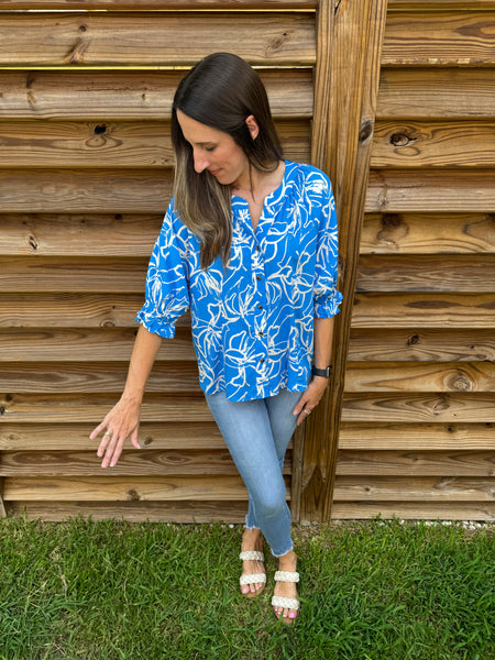 Blue & White Tropical Floral Button Up Blouse