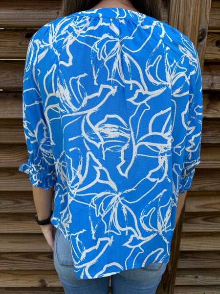 Blue & White Tropical Floral Button Up Blouse