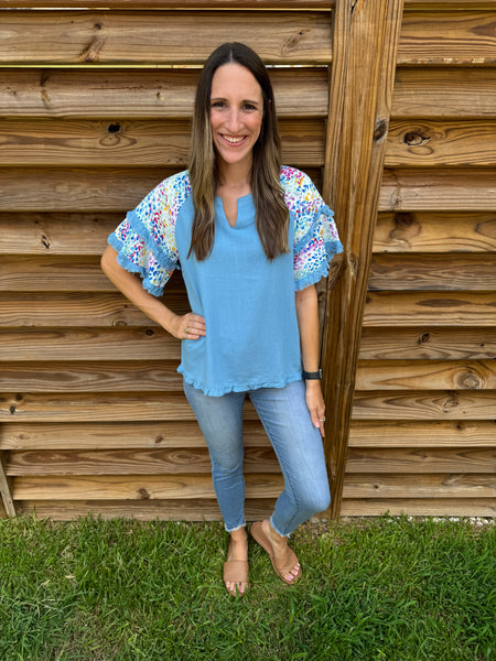 Baby Blue Linen and Fringed Blouse