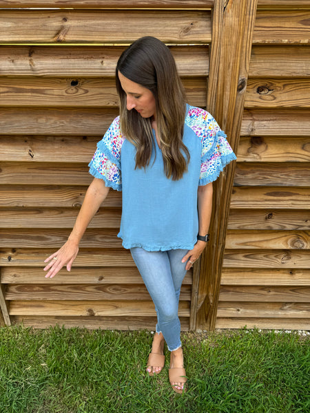 Baby Blue Linen and Fringed Blouse