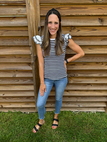 Black & White Eyelet Ruffled Sleeved Blouse