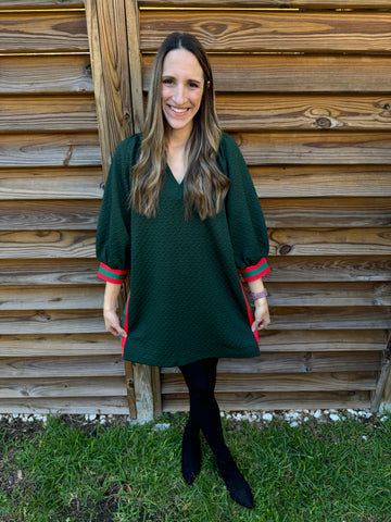 Hunter Green & Red Ribbed Zipper Dress